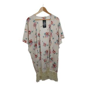 Easther Women's Size Large Kimono Cream Floral Pink Fringe